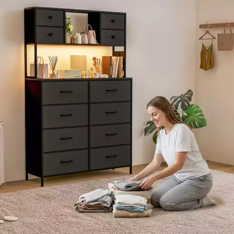 Commode de chambre, commode en tissu à 12 tiroirs, étagères ouvertes, plateau en bois et cadre en métal pour chambre, couloir ou salon
