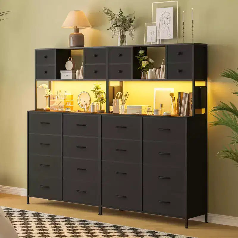 Commode de chambre, commode en tissu à 12 tiroirs, étagères ouvertes, plateau en bois et cadre en métal pour chambre, couloir ou salon