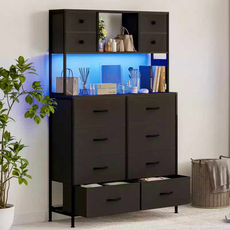 Dresser for Bedroom, 12-Drawer Fabric Chest, Open Shelves, Wood Top & Metal Frame for Bedroom, Hallway or Living Room