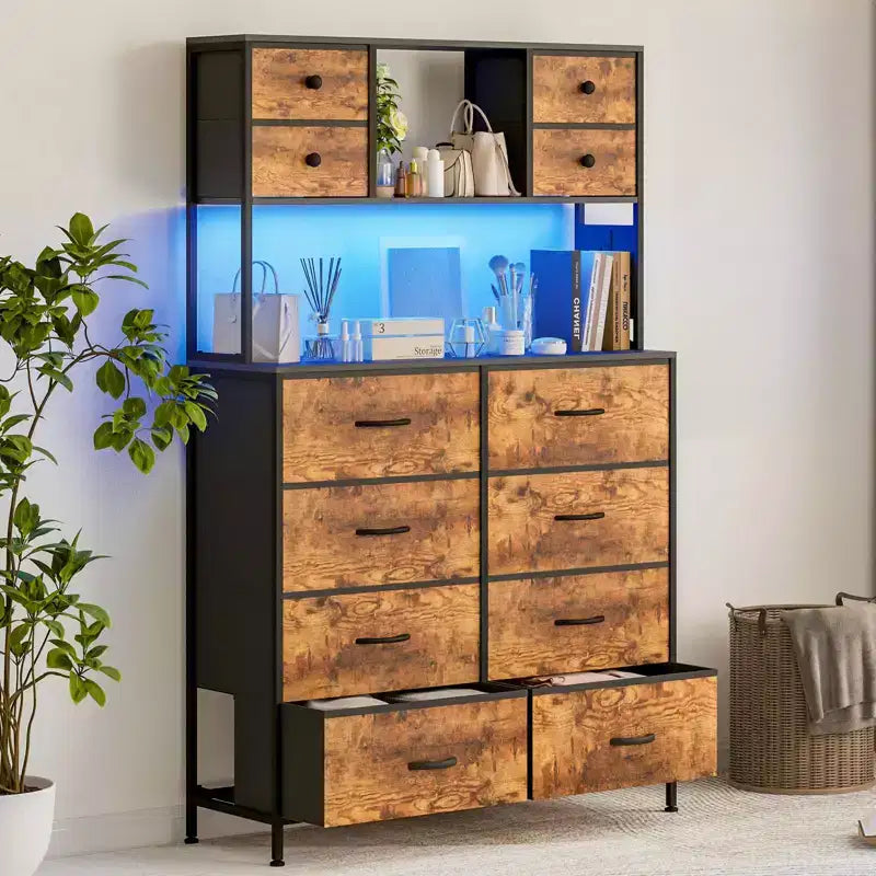 Commode de chambre, commode en tissu à 12 tiroirs, étagères ouvertes, plateau en bois et cadre en métal pour chambre, couloir ou salon