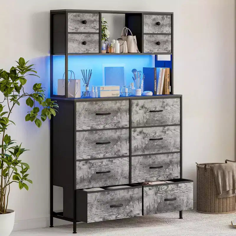 Commode de chambre, commode en tissu à 12 tiroirs, étagères ouvertes, plateau en bois et cadre en métal pour chambre, couloir ou salon