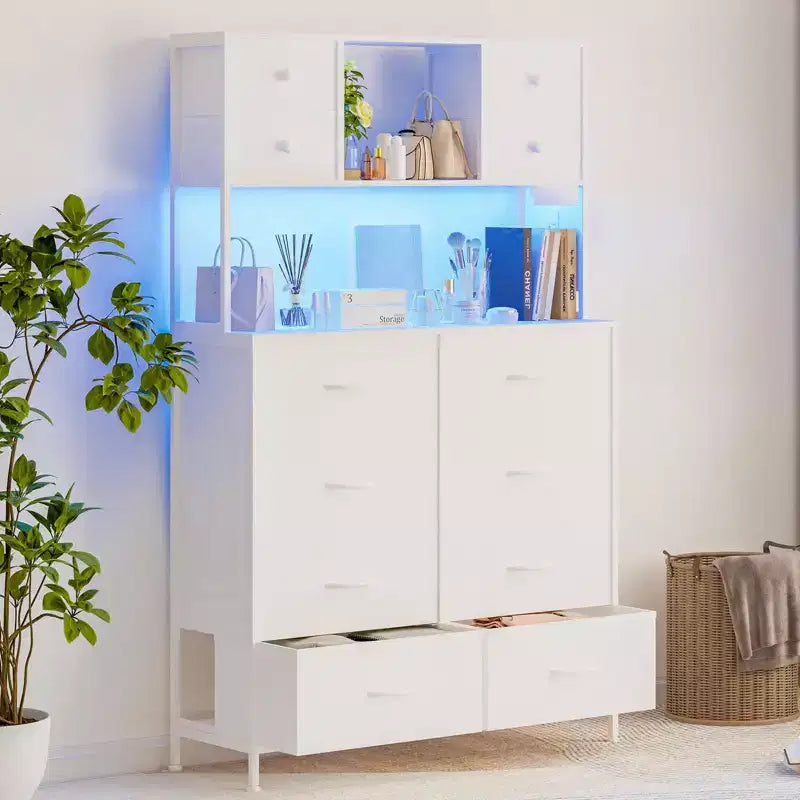 Commode de chambre, commode en tissu à 12 tiroirs, étagères ouvertes, plateau en bois et cadre en métal pour chambre, couloir ou salon
