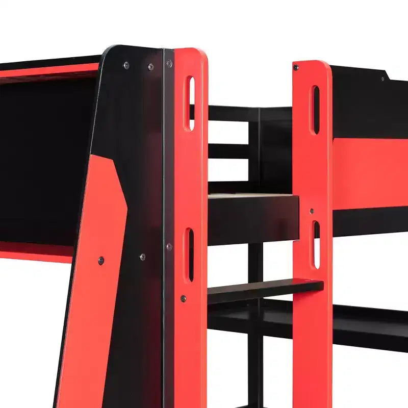 Lit mezzanine avec bureau, étagères de rangement et barrières de sécurité – Cadre de lit pour enfant compact avec espace de travail