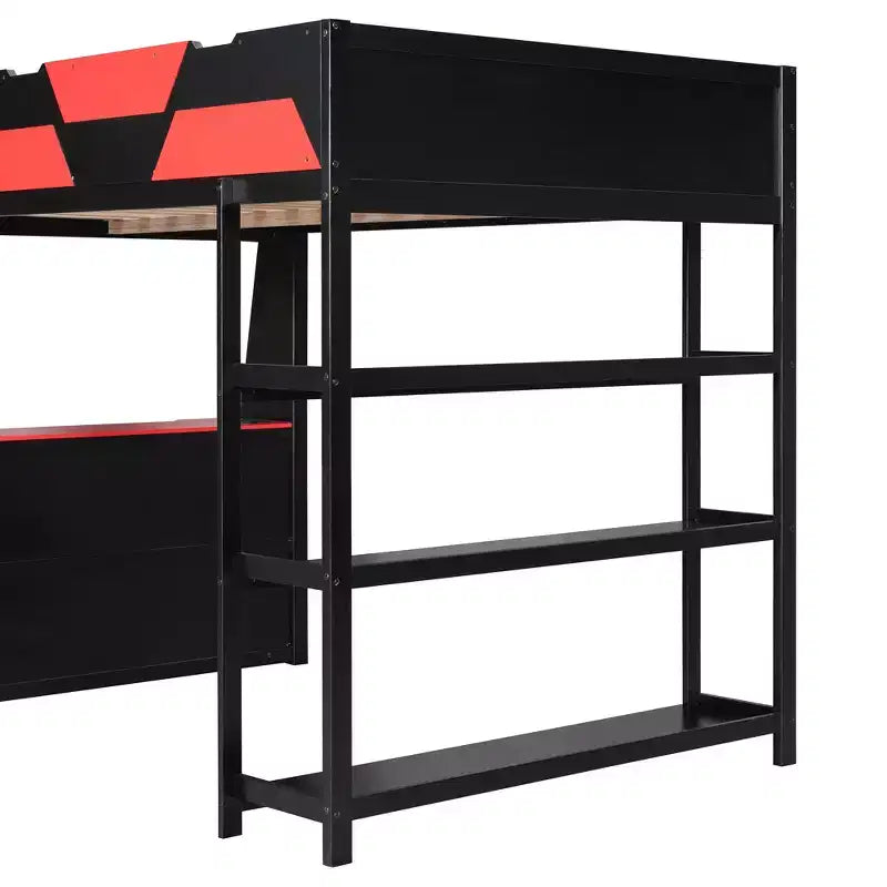 Lit mezzanine avec bureau, étagères de rangement et barrières de sécurité – Cadre de lit pour enfant compact avec espace de travail