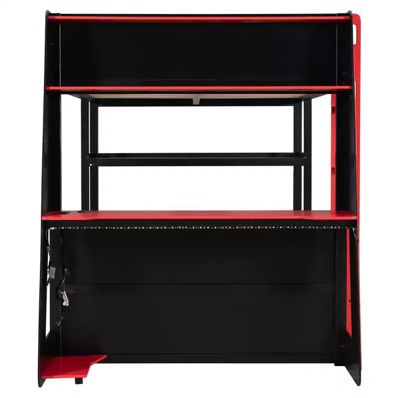Lit mezzanine avec bureau, étagères de rangement et barrières de sécurité – Cadre de lit pour enfant compact avec espace de travail