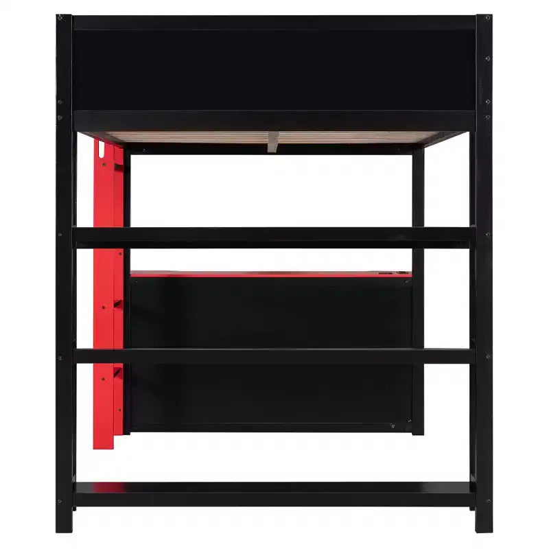 Lit mezzanine avec bureau, étagères de rangement et barrières de sécurité – Cadre de lit pour enfant compact avec espace de travail