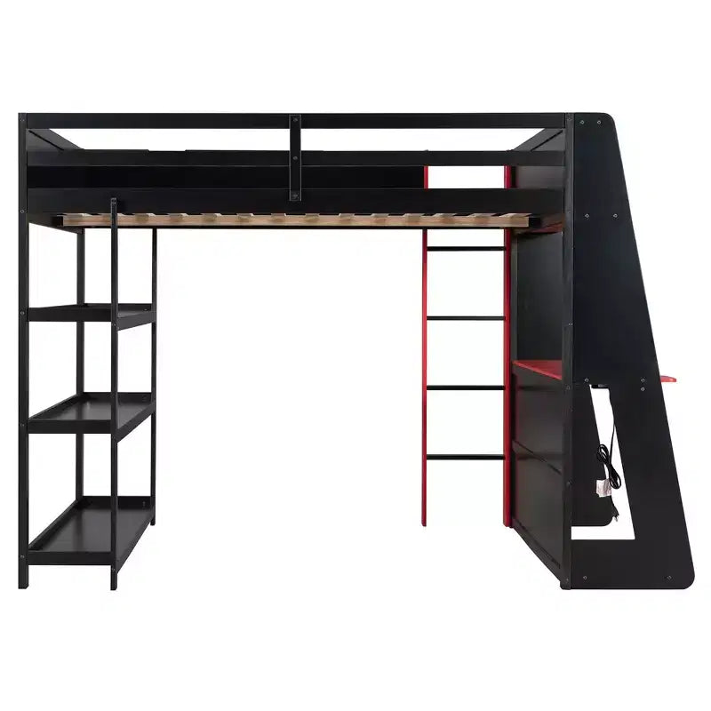 Lit mezzanine avec bureau, étagères de rangement et barrières de sécurité – Cadre de lit pour enfant compact avec espace de travail