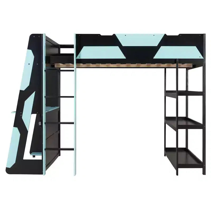 Lit mezzanine avec bureau, étagères de rangement et barrières de sécurité – Cadre de lit pour enfant compact avec espace de travail