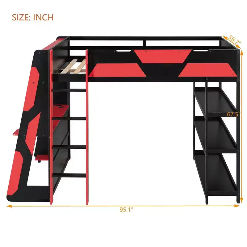 Lit mezzanine avec bureau, étagères de rangement et barrières de sécurité – Cadre de lit pour enfant compact avec espace de travail