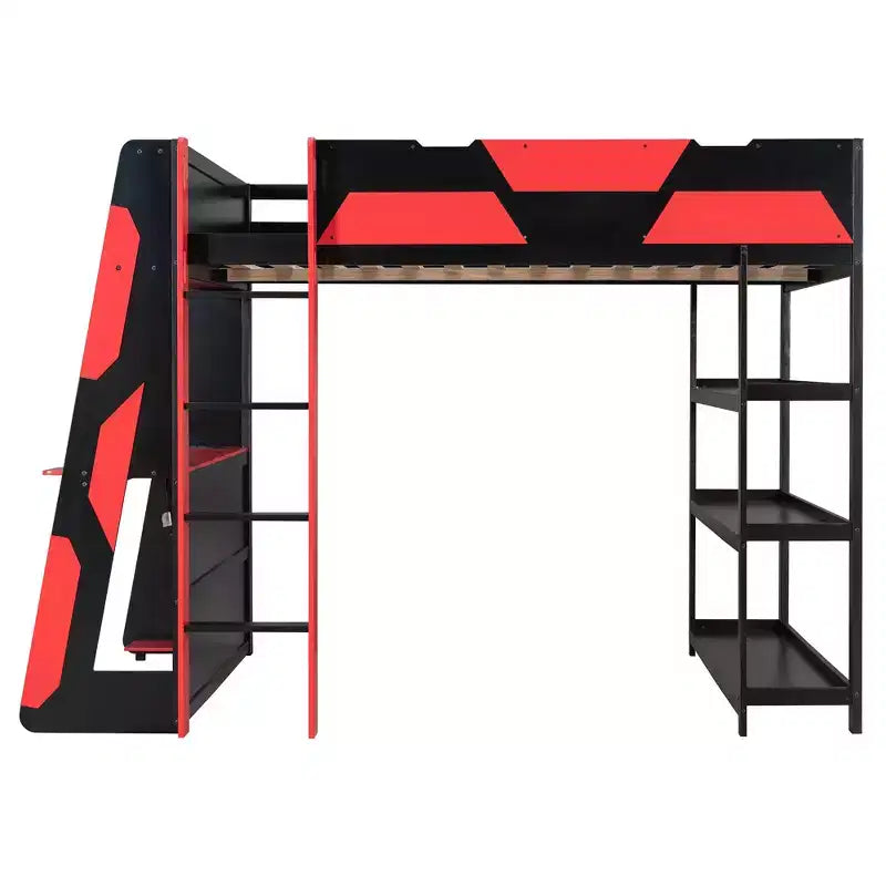 Lit mezzanine avec bureau, étagères de rangement et barrières de sécurité – Cadre de lit pour enfant compact avec espace de travail