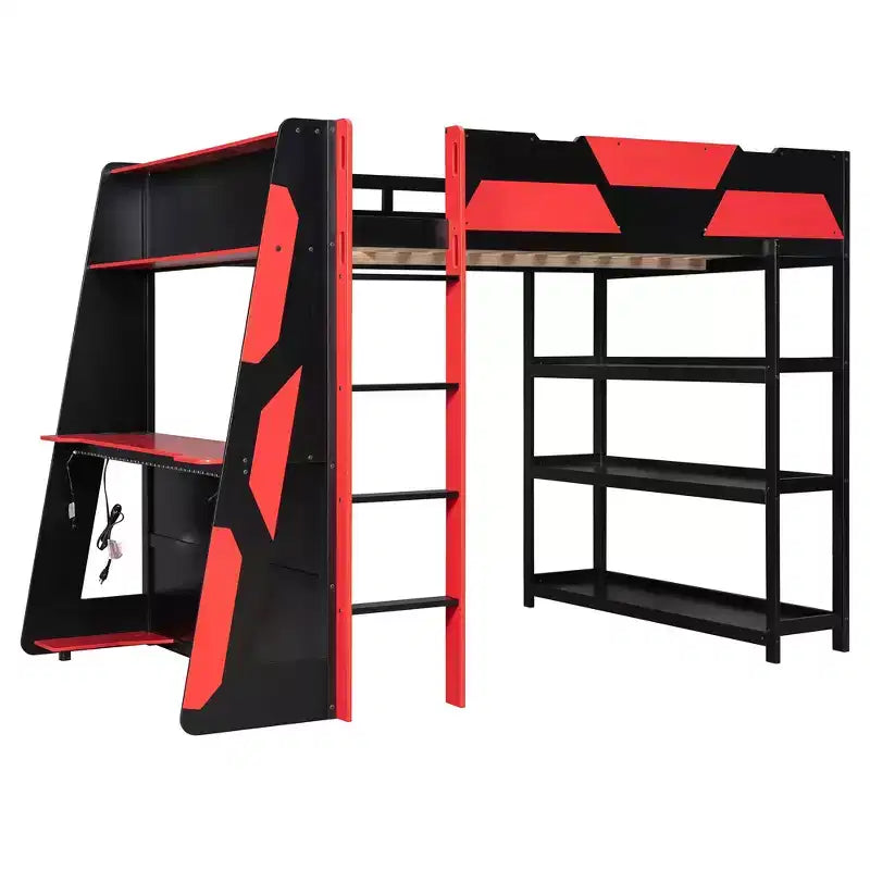 Lit mezzanine avec bureau, étagères de rangement et barrières de sécurité – Cadre de lit pour enfant compact avec espace de travail