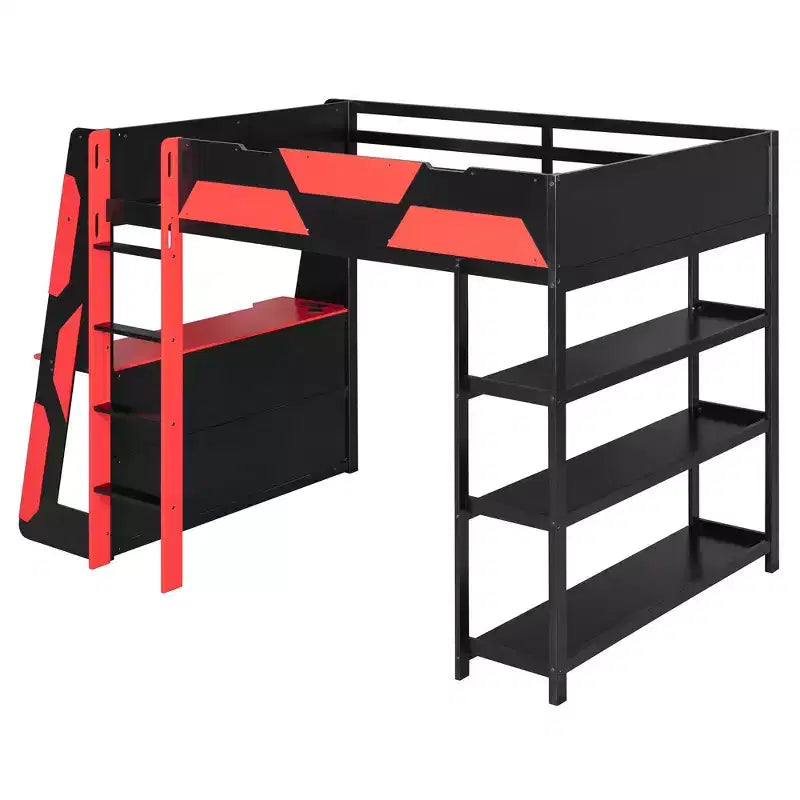 Lit mezzanine avec bureau, étagères de rangement et barrières de sécurité – Cadre de lit pour enfant compact avec espace de travail