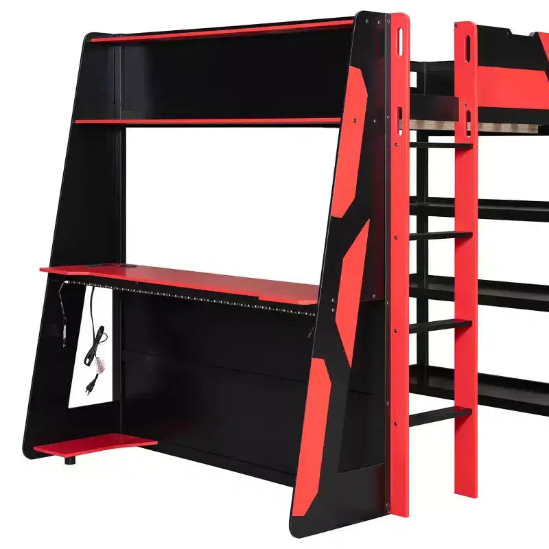 Lit mezzanine avec bureau, étagères de rangement et barrières de sécurité – Cadre de lit pour enfant compact avec espace de travail