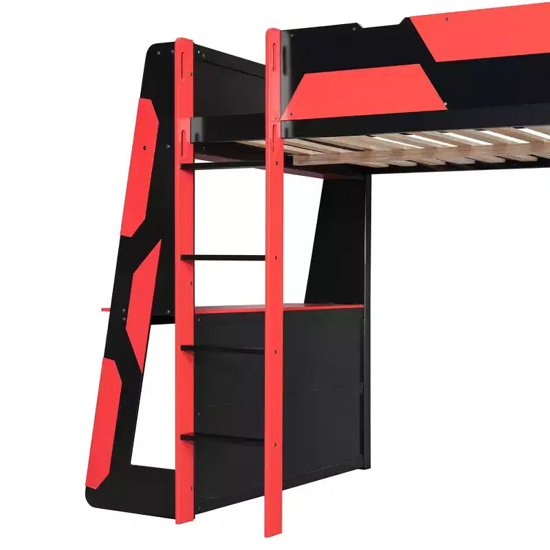 Lit mezzanine avec bureau, étagères de rangement et barrières de sécurité – Cadre de lit pour enfant compact avec espace de travail