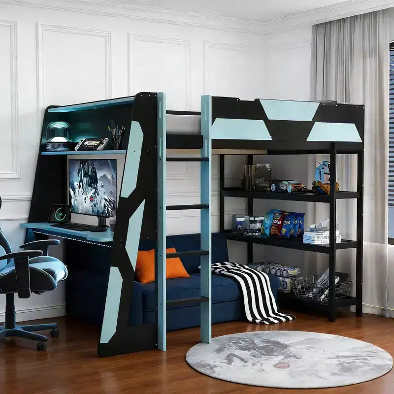Luxystar Full Gaming Loft Bed with Desk, Storrage Shelves and Lights