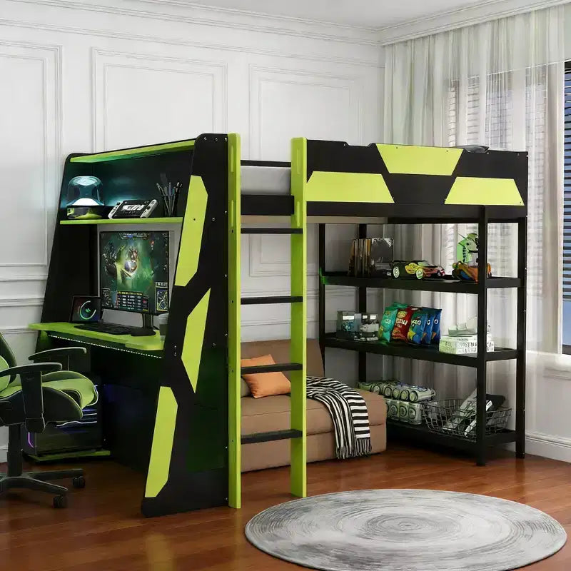 Lit mezzanine avec bureau, étagères de rangement et barrières de sécurité – Cadre de lit pour enfant compact avec espace de travail
