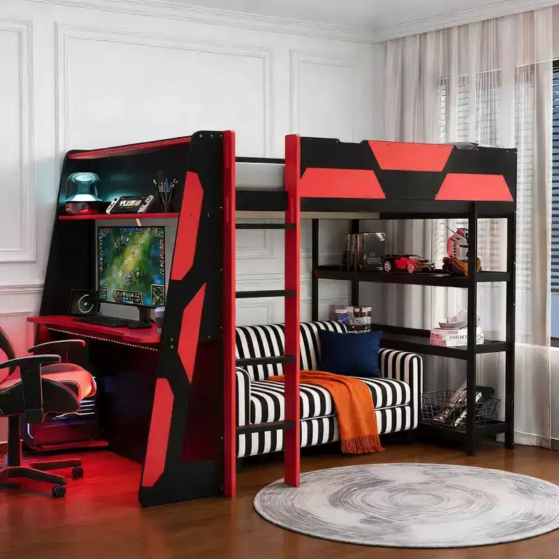 Lit mezzanine avec bureau, étagères de rangement et barrières de sécurité – Cadre de lit pour enfant compact avec espace de travail