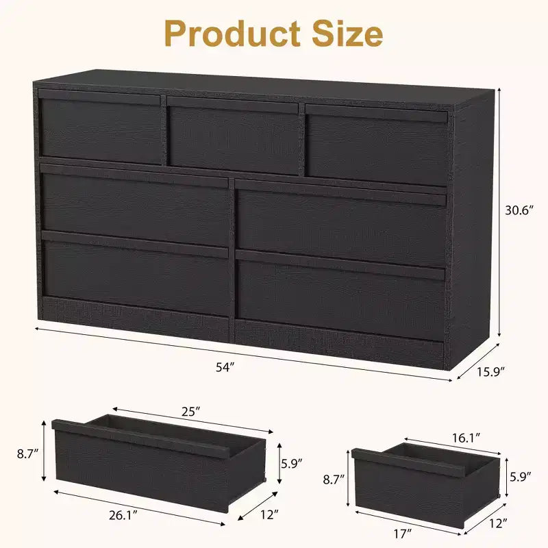 Commode à 7 tiroirs pour chambre à coucher, commode noire avec poignées concaves, commode moderne à 7 tiroirs pour chambre ou salon