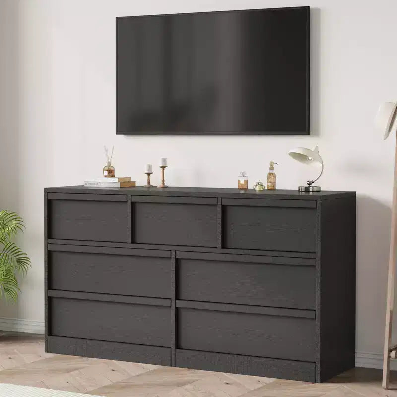 Commode à 7 tiroirs pour chambre à coucher, commode noire avec poignées concaves, commode moderne à 7 tiroirs pour chambre ou salon