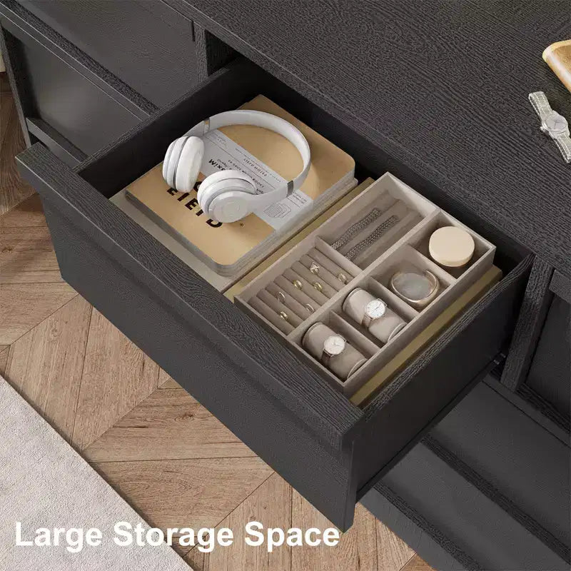 Commode à 7 tiroirs pour chambre à coucher, commode noire avec poignées concaves, commode moderne à 7 tiroirs pour chambre ou salon