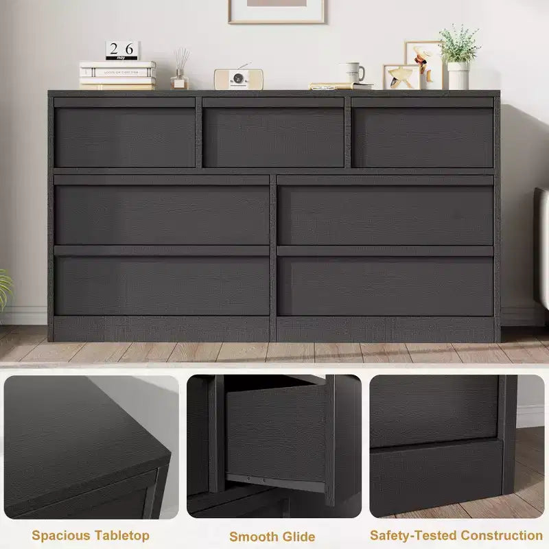 Commode à 7 tiroirs pour chambre à coucher, commode noire avec poignées concaves, commode moderne à 7 tiroirs pour chambre ou salon