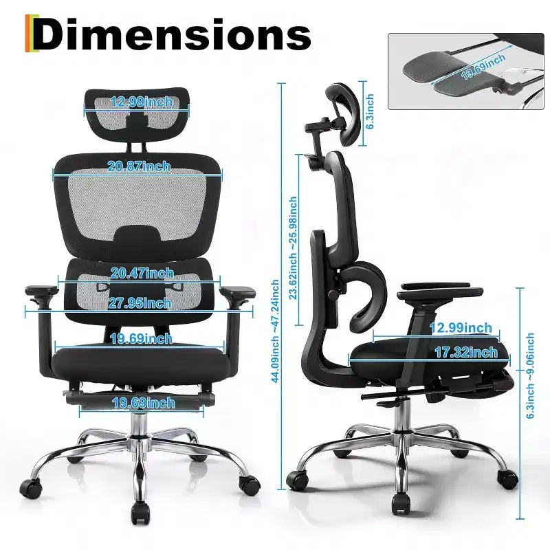 Chaise de bureau, support lombaire réglable, appui-tête 3D, accoudoirs relevables pour travail au bureau, capacité de 136 kg, noir