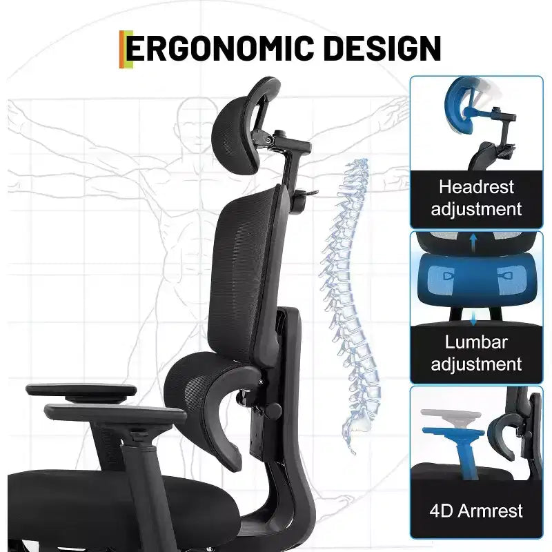 Chaise de bureau, support lombaire réglable, appui-tête 3D, accoudoirs relevables pour travail au bureau, capacité de 136 kg, noir