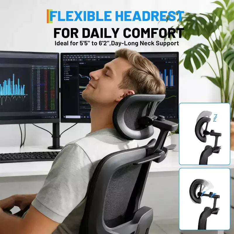 Chaise de bureau, support lombaire réglable, appui-tête 3D, accoudoirs relevables pour travail au bureau, capacité de 136 kg, noir