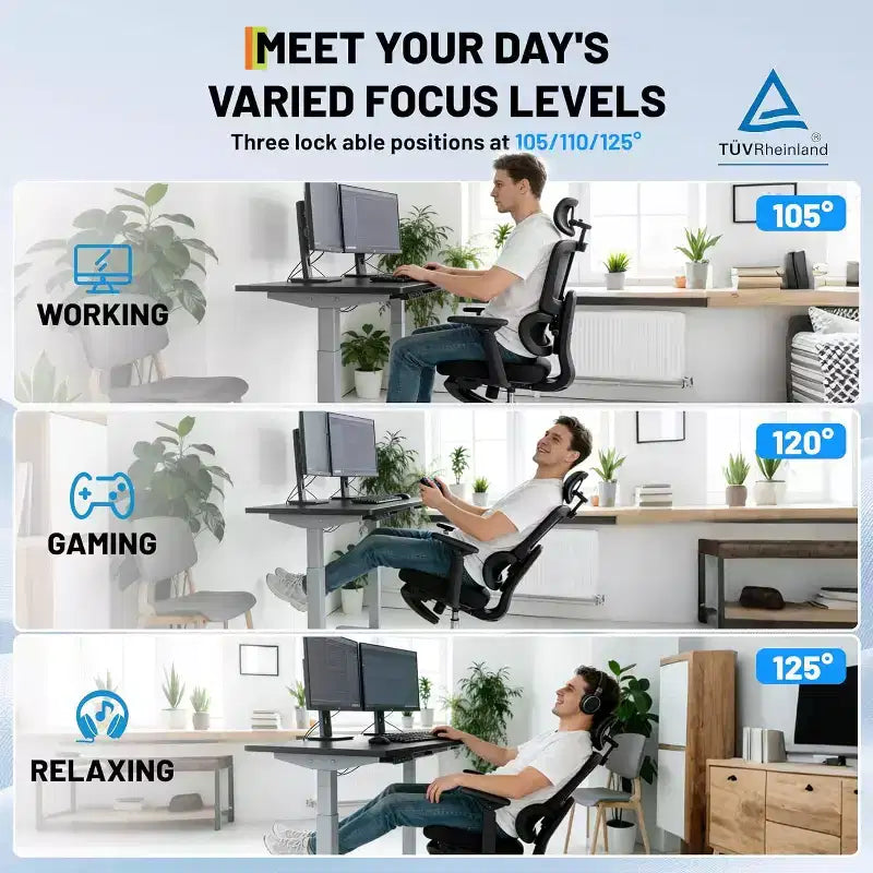 Chaise de bureau, support lombaire réglable, appui-tête 3D, accoudoirs relevables pour travail au bureau, capacité de 136 kg, noir