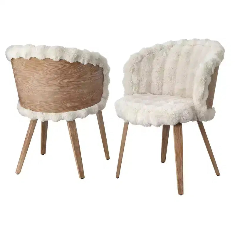 Lifestorey Set of 2 Amanda Faux Fur Dining Chair Off White/Rustic Oak