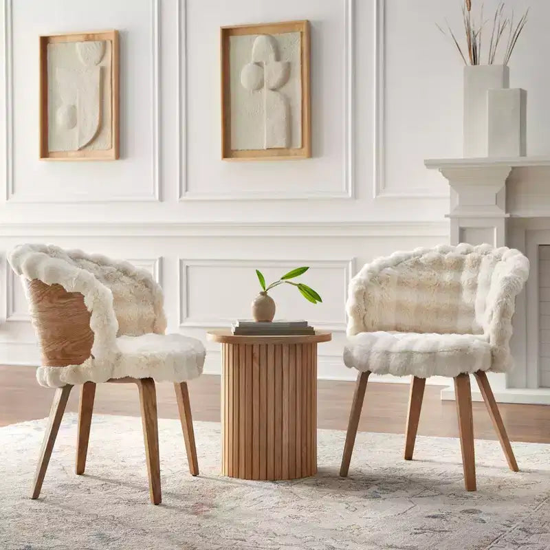 of 2 Amanda Faux Fur Dining Chair Off White/Rustic Oak