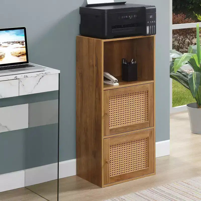 Meuble de rangement bohème à 2 portes et étagère, coloris marron