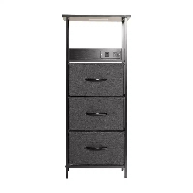 Table de chevet avec 3 tiroirs en tissu, station de charge, 2 ports USB et prise de courant – Plateau en bois d'ingénierie