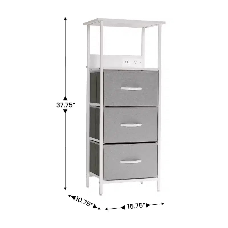 Table de chevet avec 3 tiroirs en tissu, station de charge, 2 ports USB et prise de courant – Plateau en bois d'ingénierie