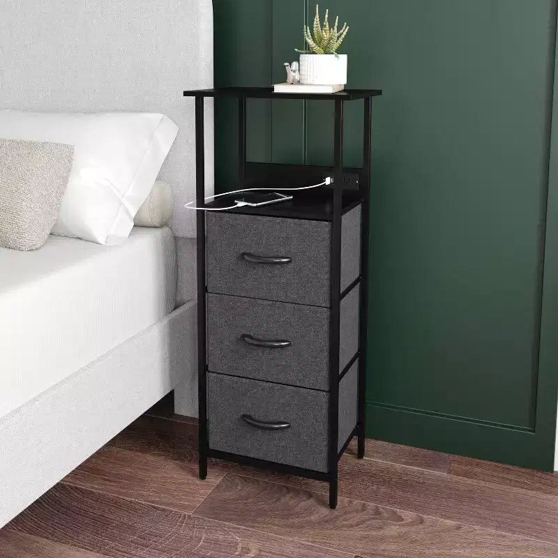 Table de chevet avec 3 tiroirs en tissu, station de charge, 2 ports USB et prise de courant – Plateau en bois d'ingénierie