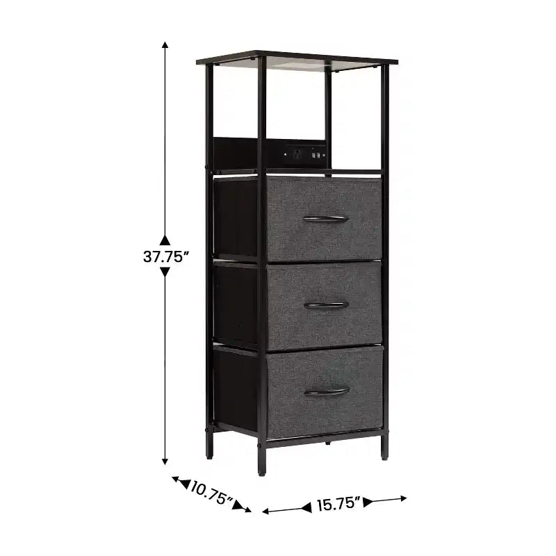 Table de chevet avec 3 tiroirs en tissu, station de charge, 2 ports USB et prise de courant – Plateau en bois d'ingénierie