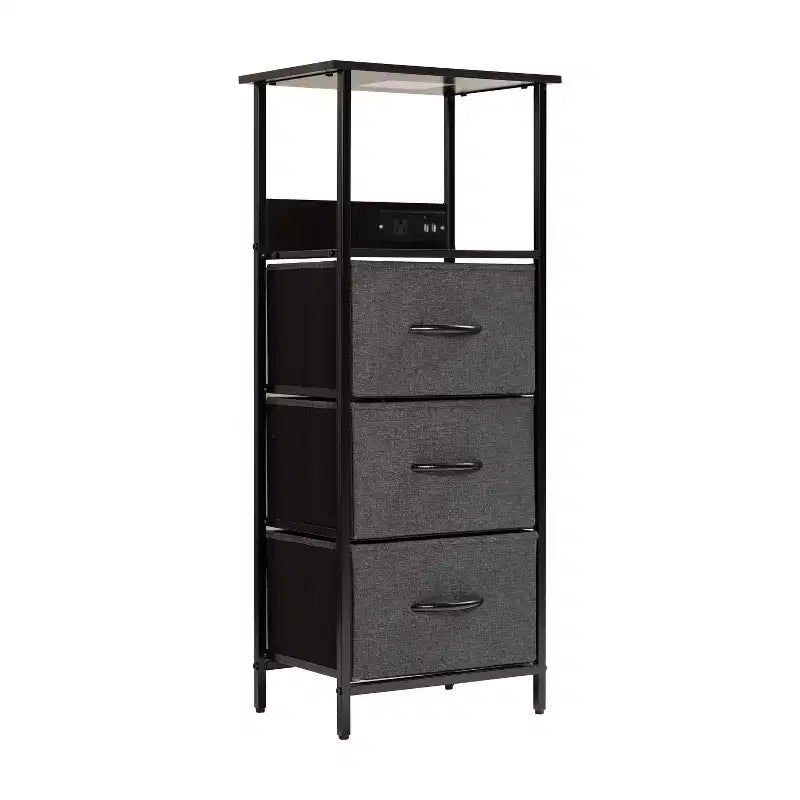 Emma and Oliver Nightstand with 3 Fabric Drawers, Charging Station with 2 USB Ports/Power Outlet, Engineered Wood Top, Wood Handles, Metal Frame