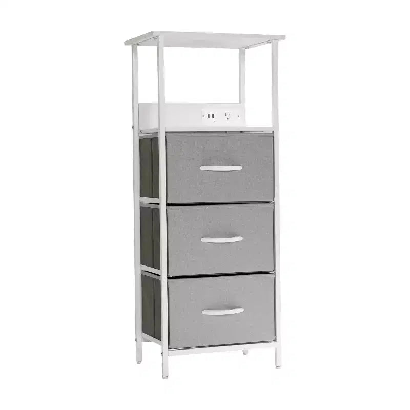 Table de chevet avec 3 tiroirs en tissu, station de charge, 2 ports USB et prise de courant – Plateau en bois d'ingénierie