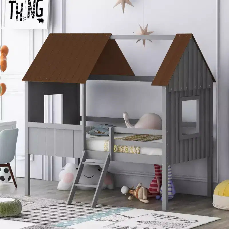 Twin Size Low Loft Wood House Bed with Two Side Windows, 4L -ModernLuxe