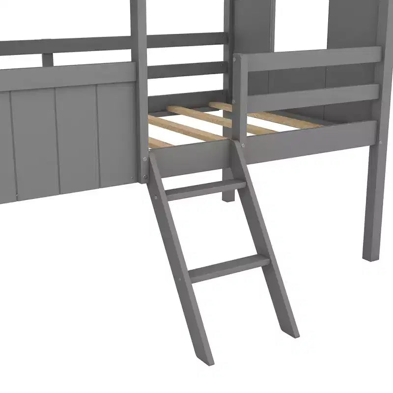 Lit cabane en bois pour enfants avec deux fenêtres latérales et 4 étagères de rangement – Cadre de lit ludique