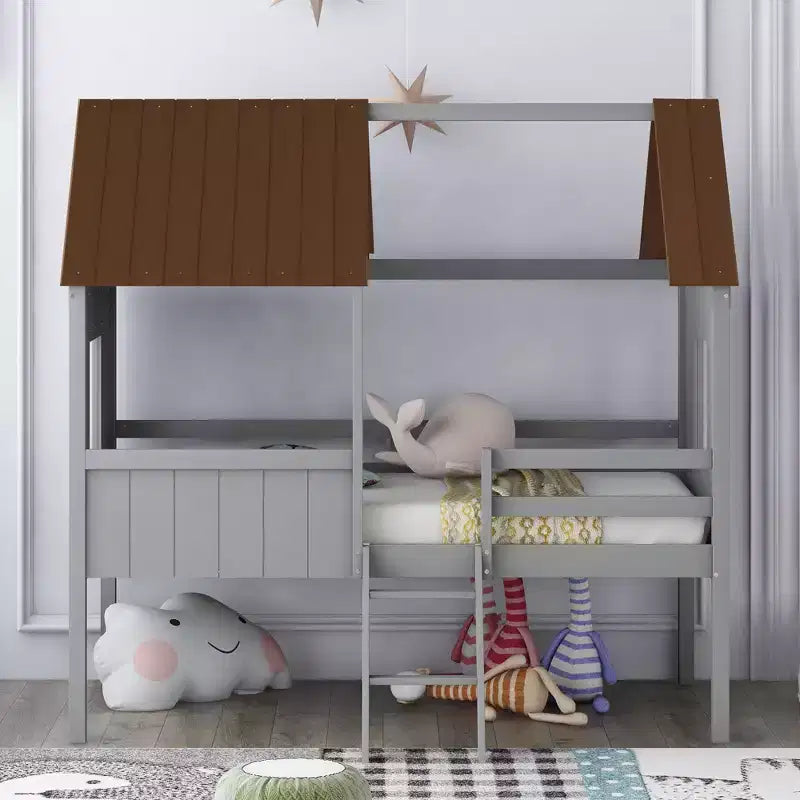 Lit cabane en bois pour enfants avec deux fenêtres latérales et 4 étagères de rangement – Cadre de lit ludique