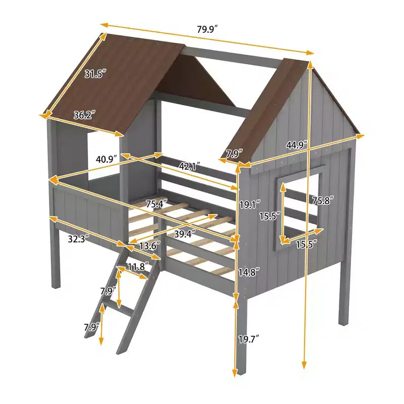 Lit cabane en bois pour enfants avec deux fenêtres latérales et 4 étagères de rangement – Cadre de lit ludique