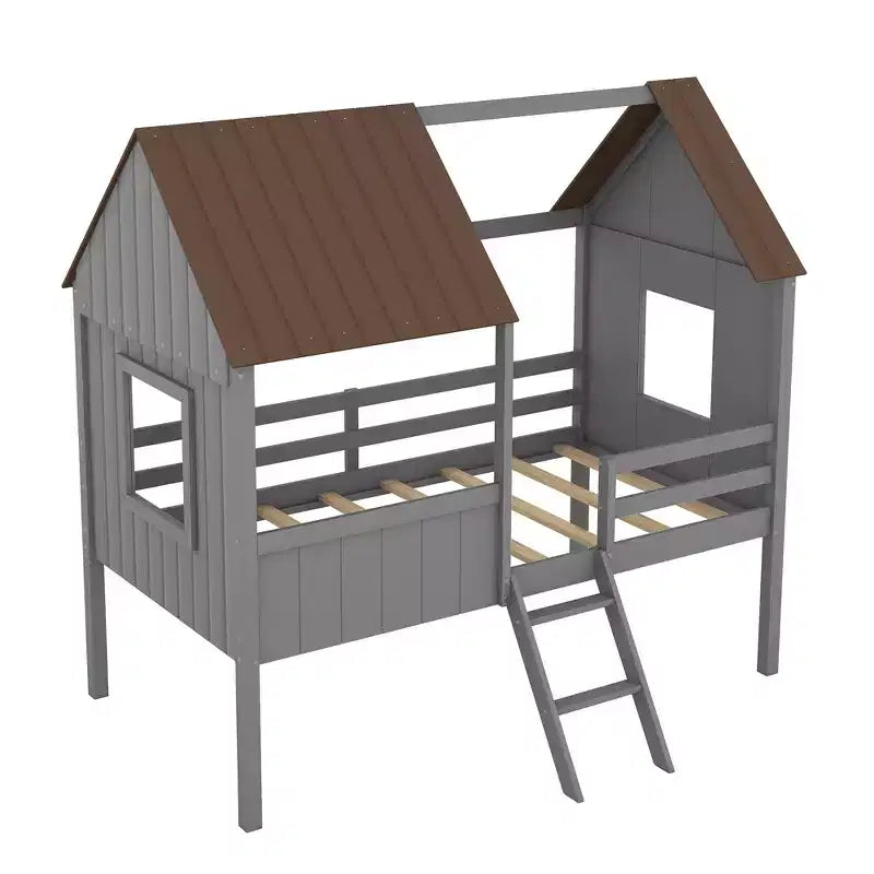 Lit cabane en bois pour enfants avec deux fenêtres latérales et 4 étagères de rangement – Cadre de lit ludique
