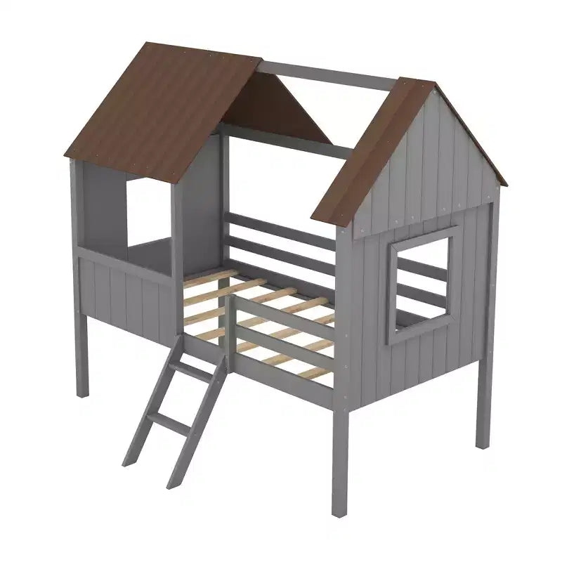 Lit cabane en bois pour enfants avec deux fenêtres latérales et 4 étagères de rangement – Cadre de lit ludique