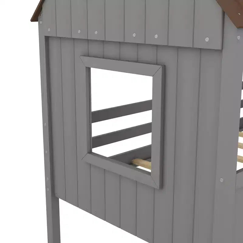 Lit cabane en bois pour enfants avec deux fenêtres latérales et 4 étagères de rangement – Cadre de lit ludique